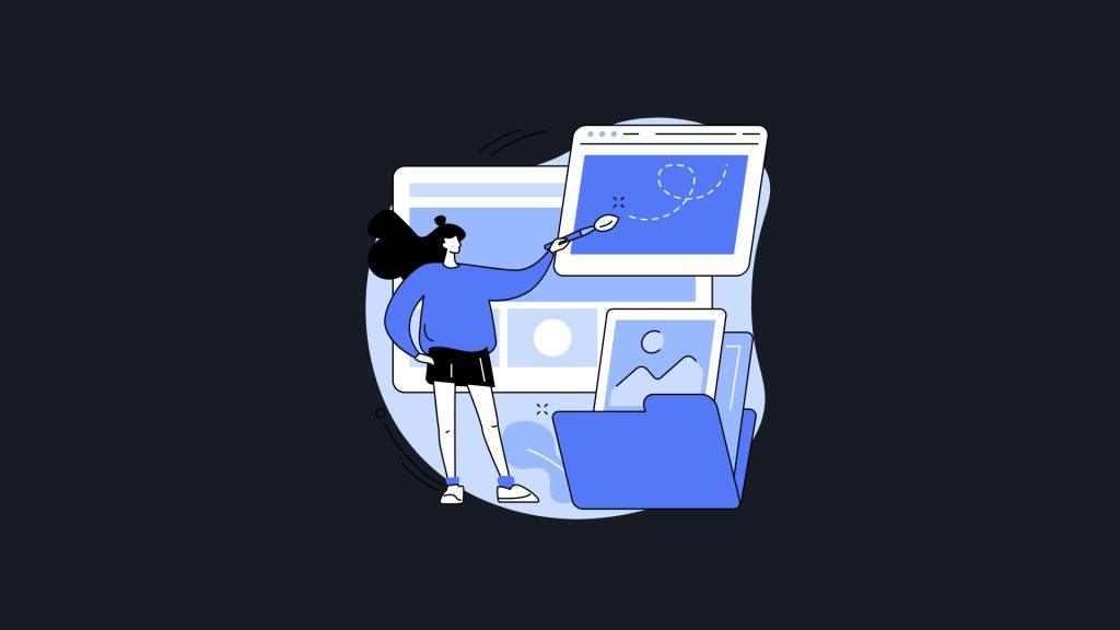 Blue illustrations of website builder on grey background