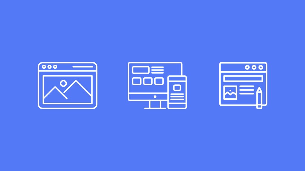 Three white simple illustrations of websites on blue background
