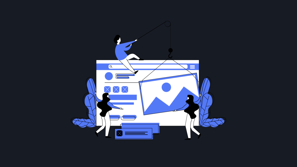 Blue and white illustrations of website builders