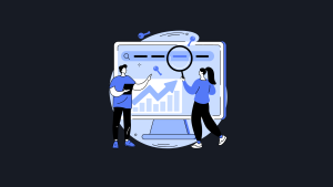 Blue illustrations of people conducting keyword research