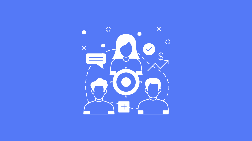 White illustrations of finding target audience with blue background